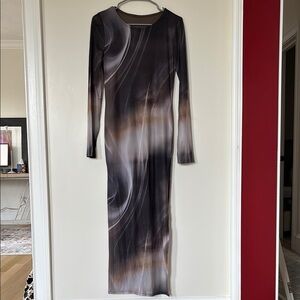 Black and Gray Long Sleeve Bodycon Long Dress